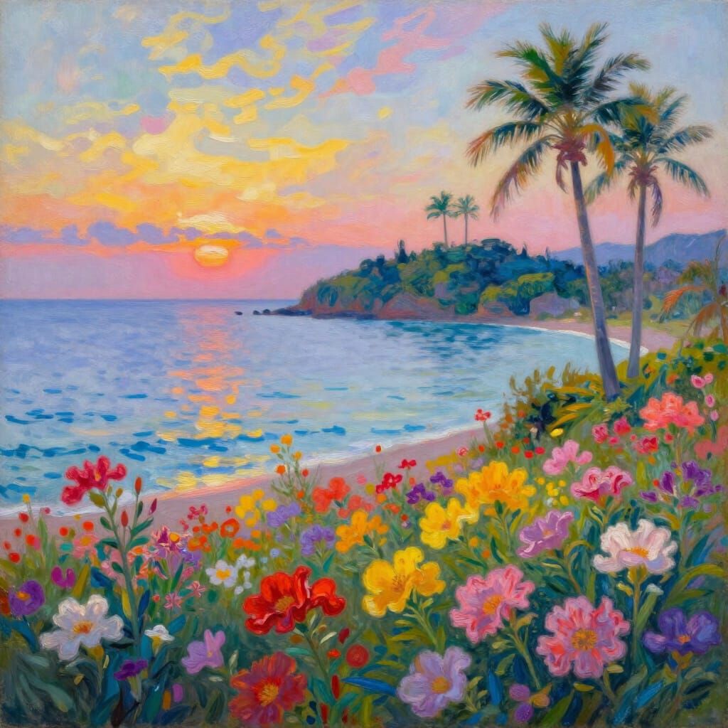 Vibrant Floral Sunrise Over Tropical Island Ocean Vista