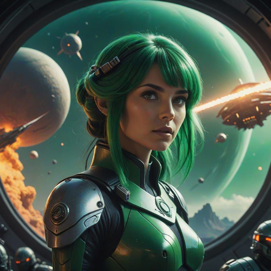 Sci-Fi Adventure with Sleek Protagonist and Green-Haired Age...