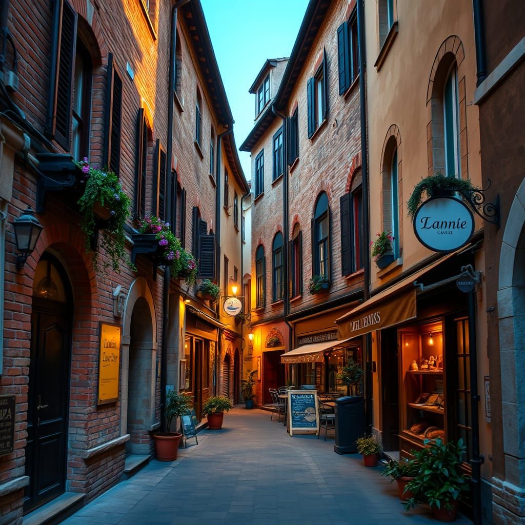 Quaint European Street at Dusk in Golden Light