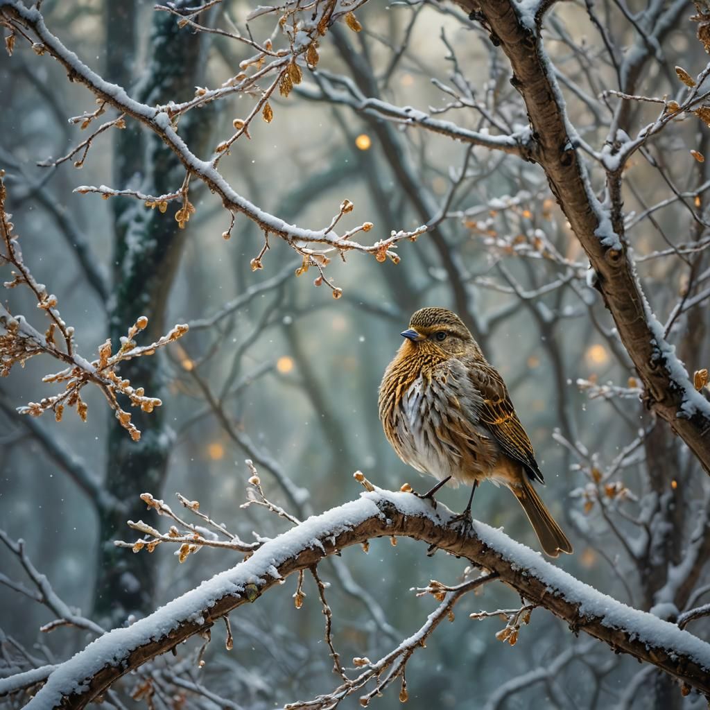 Winter Tree Bird in Mythic Realism Style