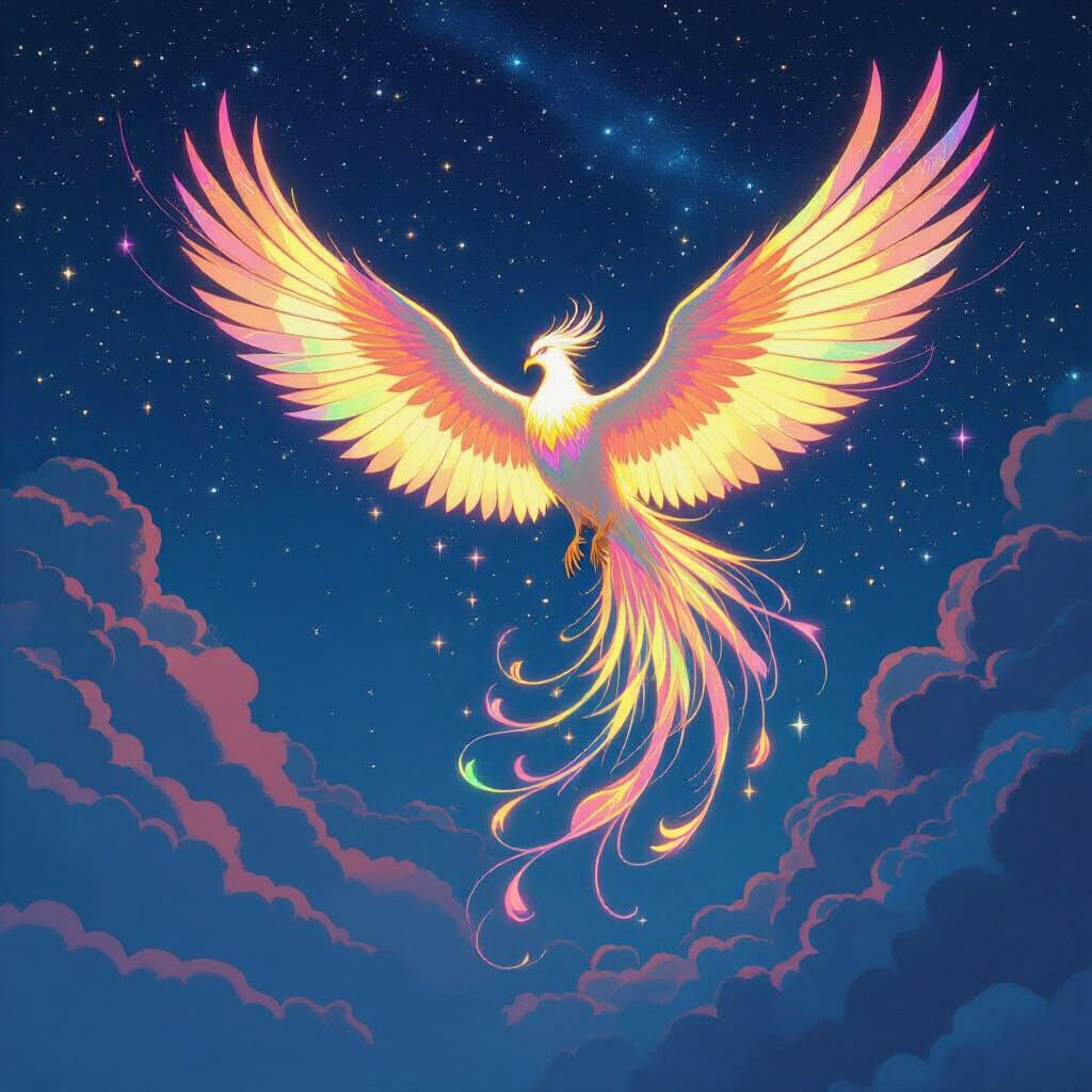 Bioluminescent Phoenix Soaring in Art Nouveau Style
