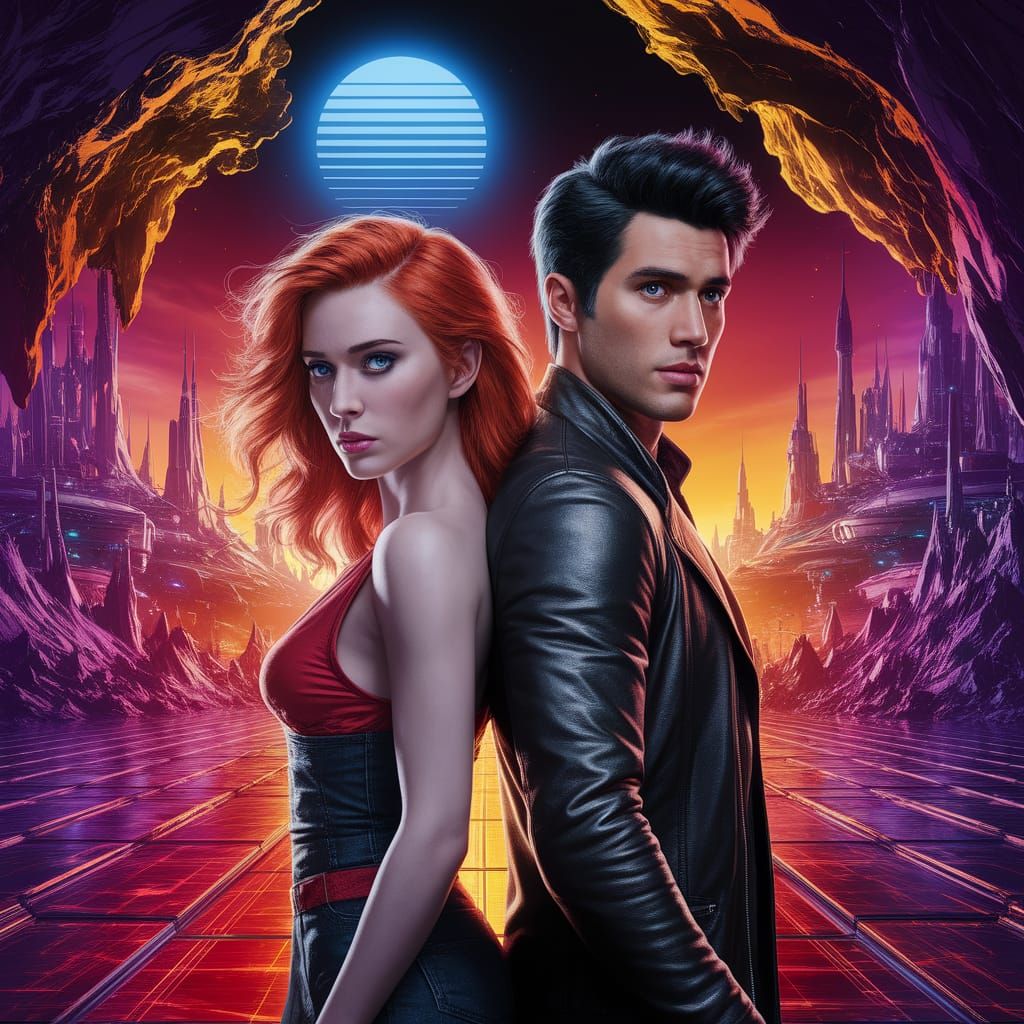 Romantic Futuristic Cityscape with Fiery Red Hair and Pierci...