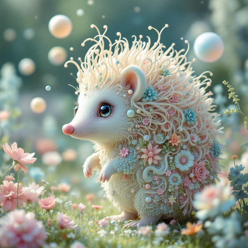 Fantasy Hedgehog in Pastel Meadow, Dreamlike Art Style