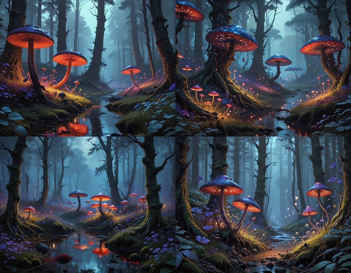 Mystical Forest with Glowing Red Fungi and Ethereal Light
