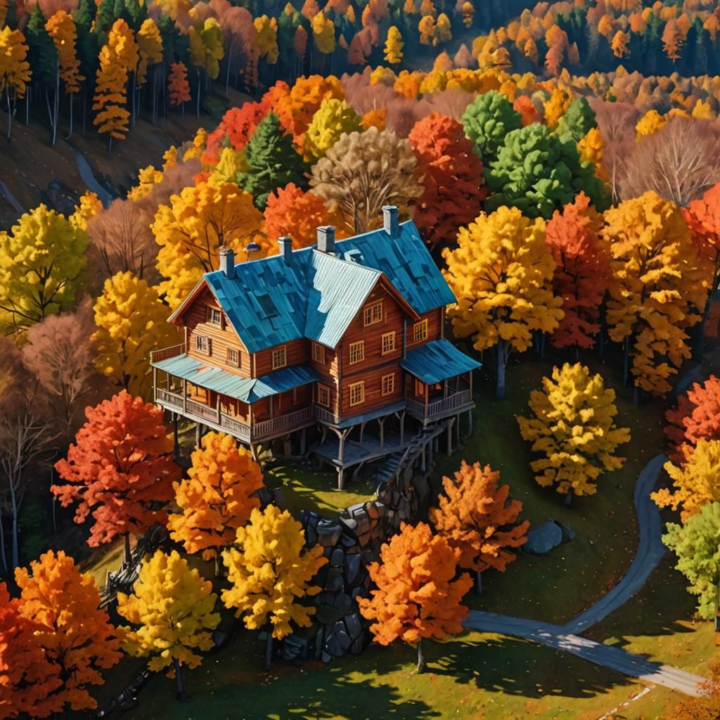 Colorful Treehouse in Autumn, Impasto Style