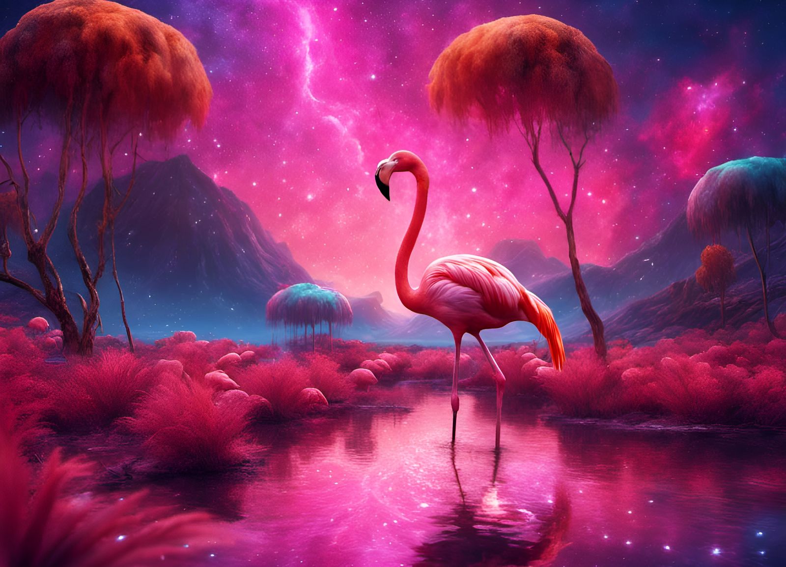Cosmic Flamingo Fantasy Landscape in Surreal Style