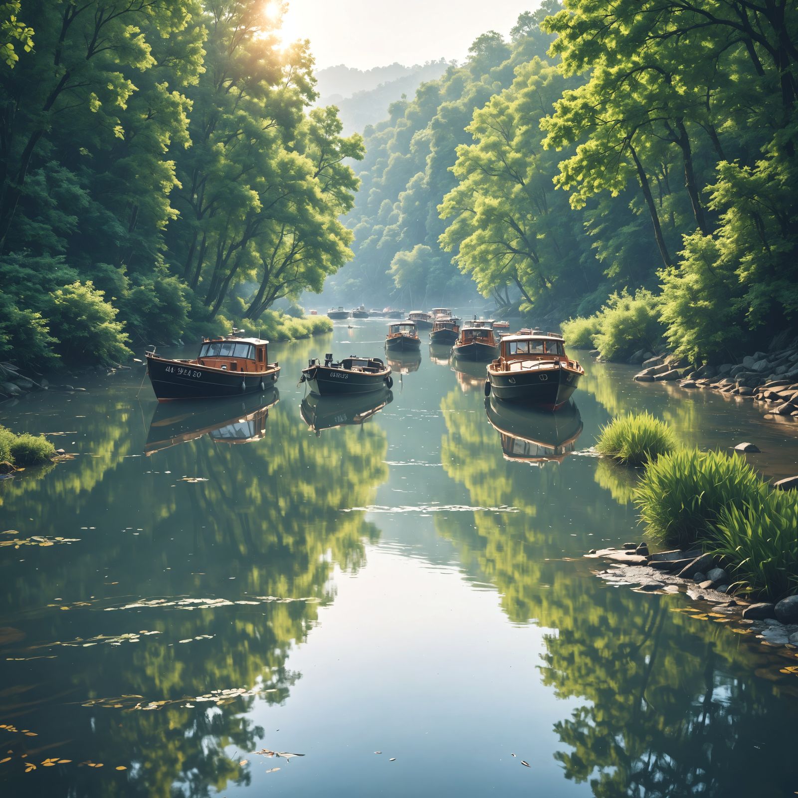 Boats Float Down a Wide River