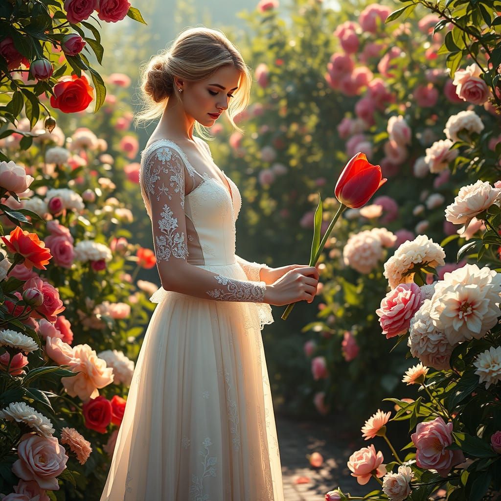 Enchanting Garden Siren Offers Red Tulip in a Pre-Raphaelite...