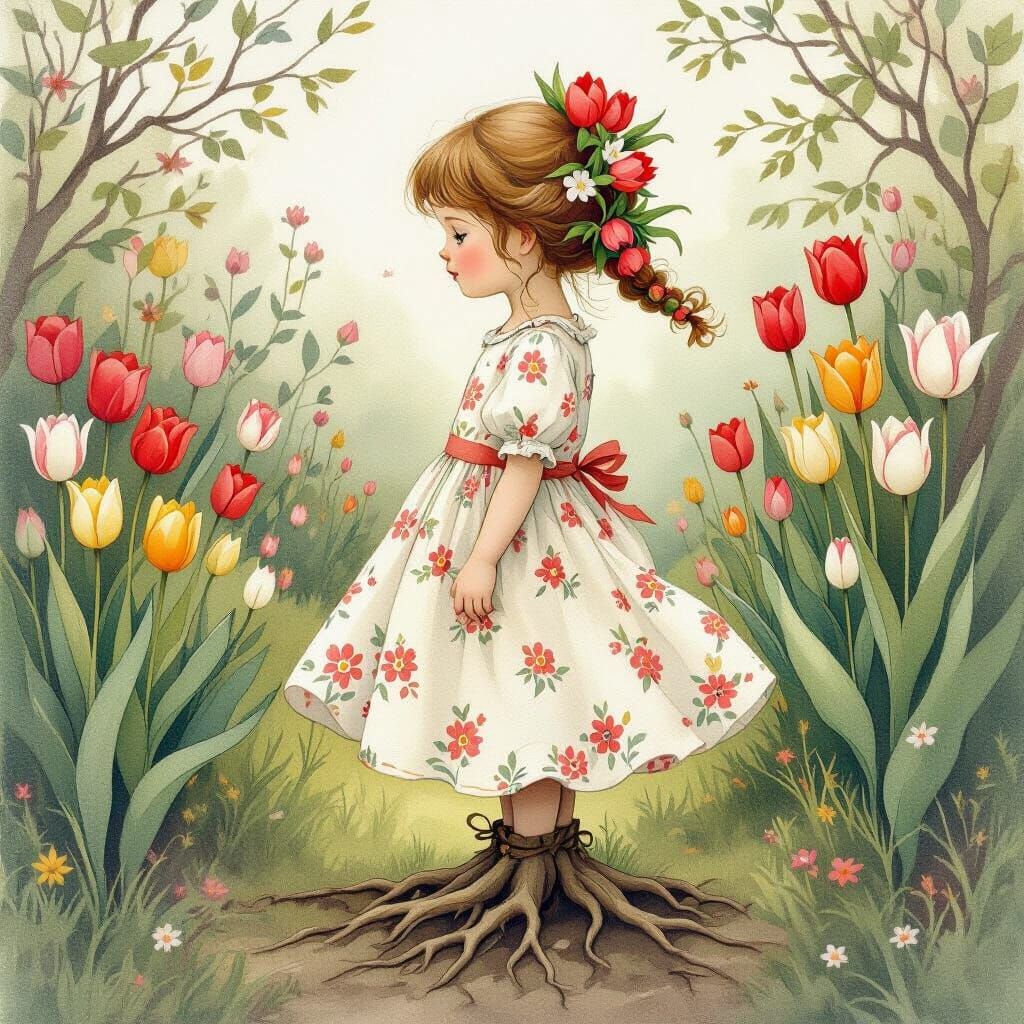 Whimsical Girl with Tulip Hair in Aquarelle Style