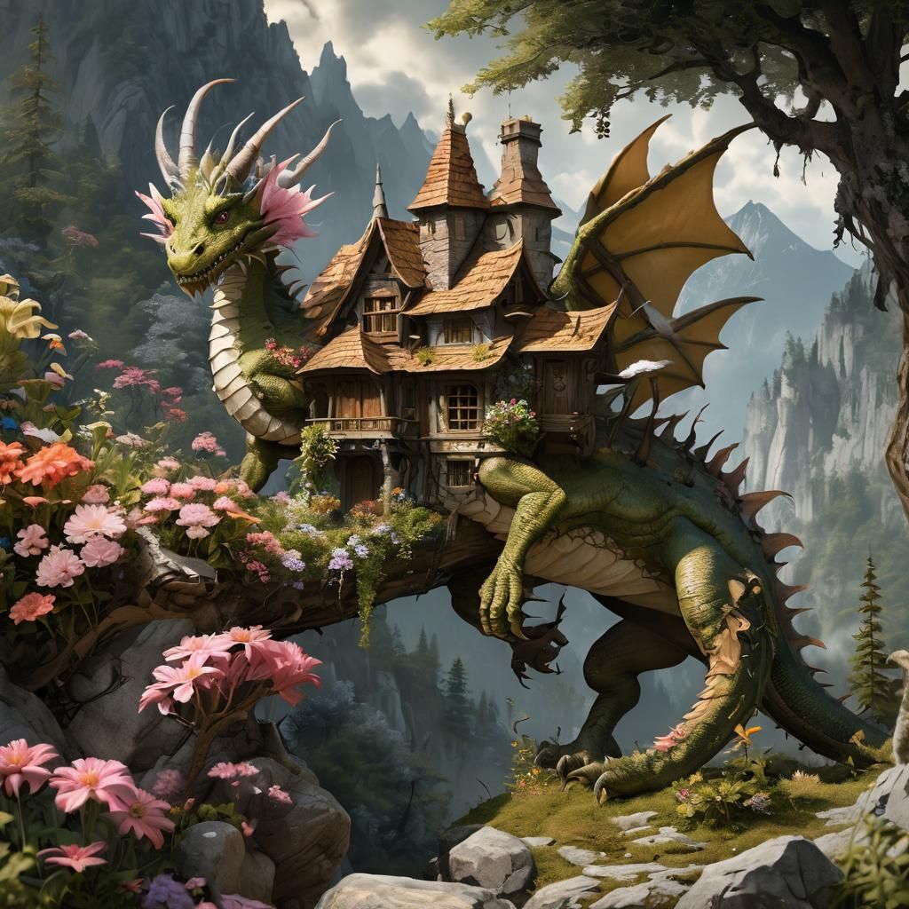 Enchanting Forest Dragon with Flowers, Monge Style