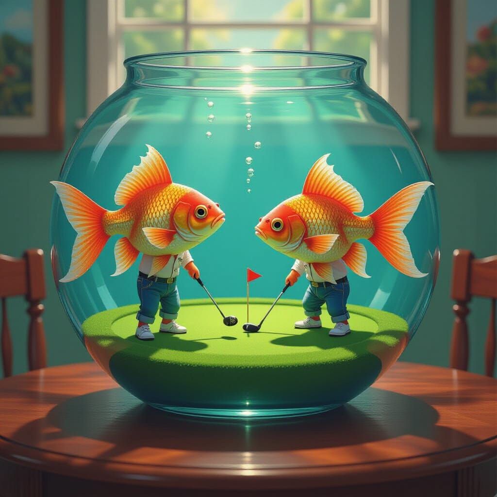 Fish Golfers in a Fishbowl, Whimsical Art Style