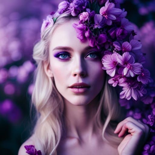 Violet-Eyed Woman Portrait with Purple Flowers