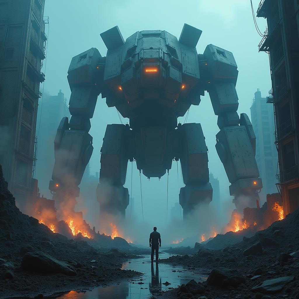 Futuristic Metropolis Ruins Aftermath in Matte Painting Styl...