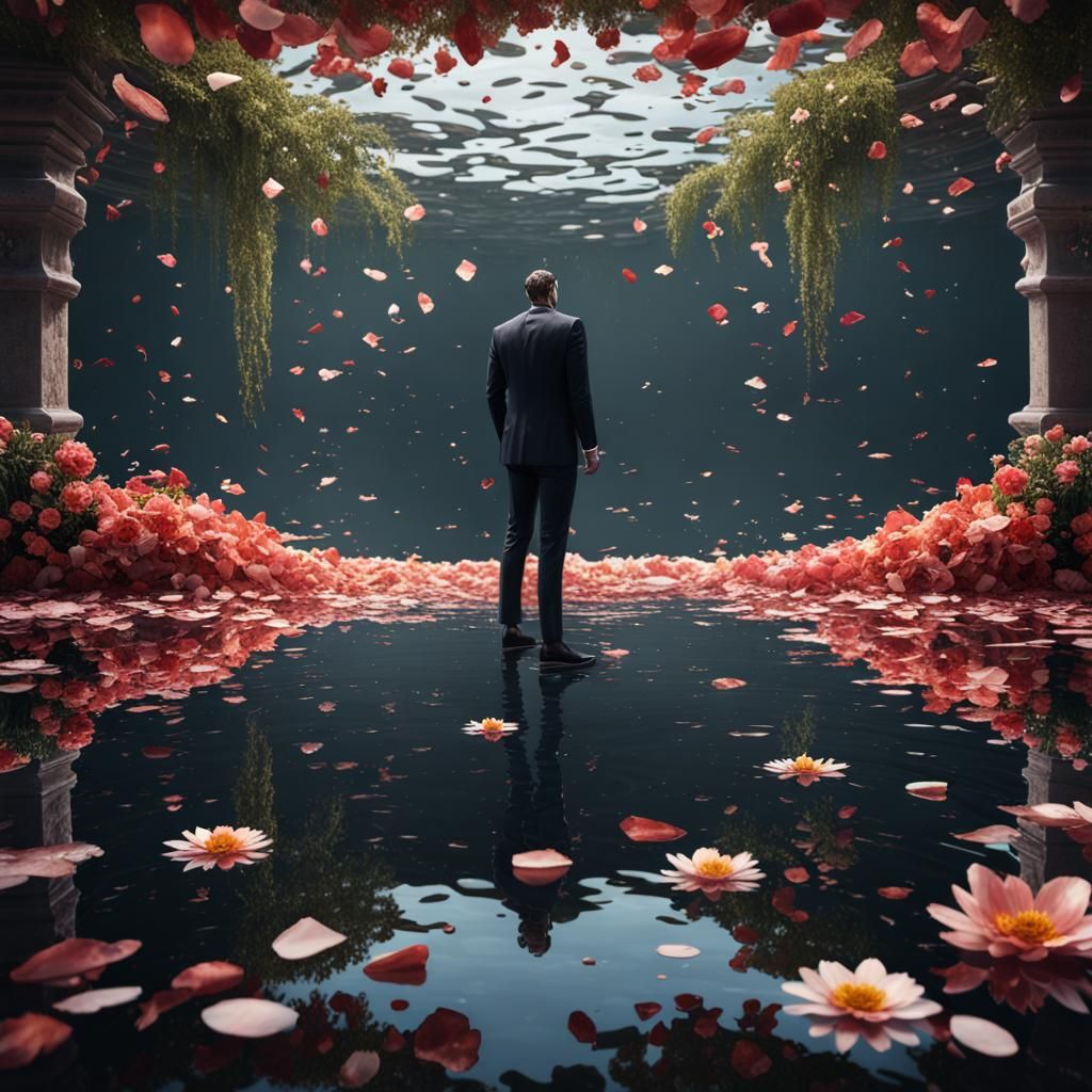 Man and Reflection with Flower Petals: Detailed Matte Painti...