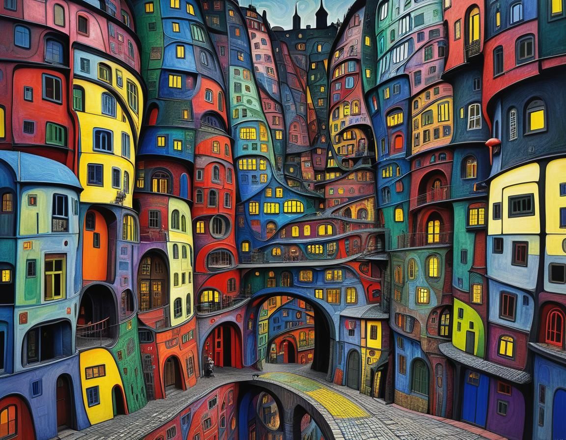 Chromatic Street Scene Inspired by Hundertwasser