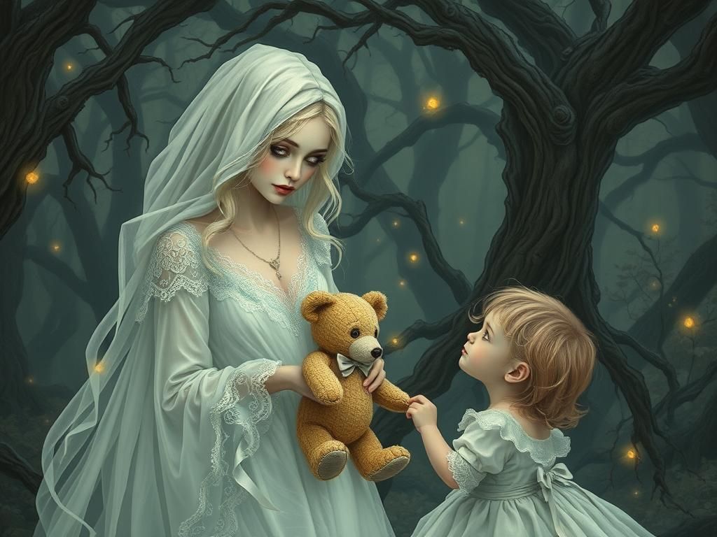 Ethereal Maiden Offers Teddy Bear in Enchanted Forest