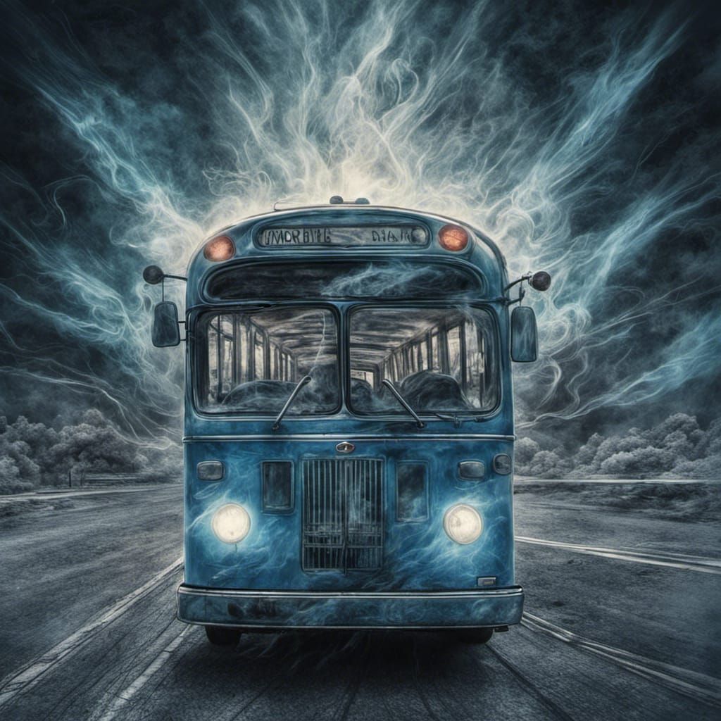 Insane depth, Blueish Bus running on the road, smoking with cosmic energy, high quality CGI VFX, tonal contrast, glowing...