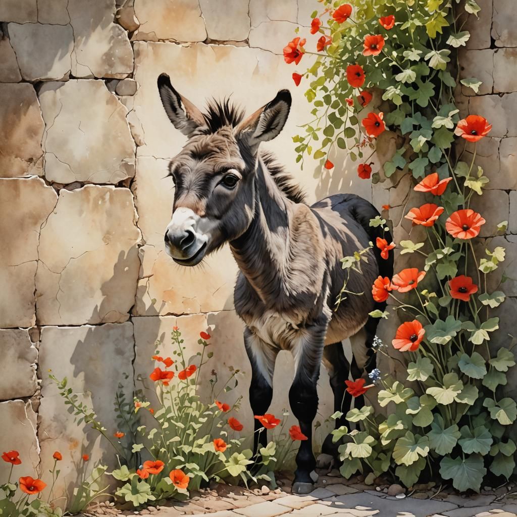Baby Donkey Watercolor Painting with Vines and Poppies