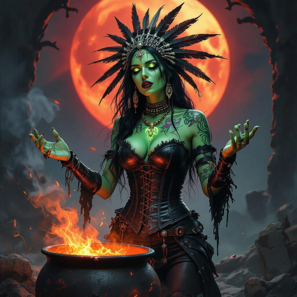 Gothic Voodoo Zombie Shaman Under Blood Moon Light