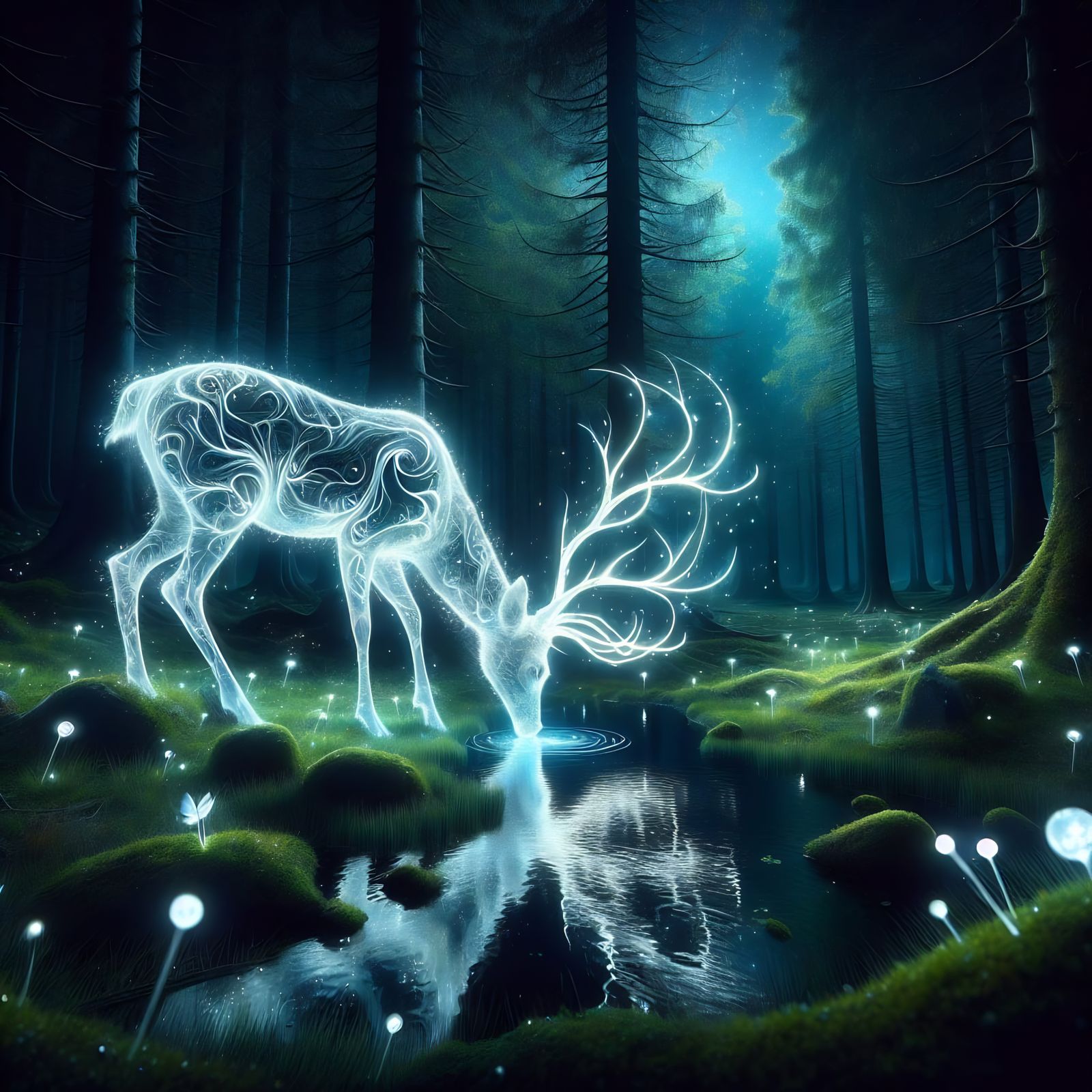 Ethereal Deer in Mystical Forest, Digital Fantasy Art