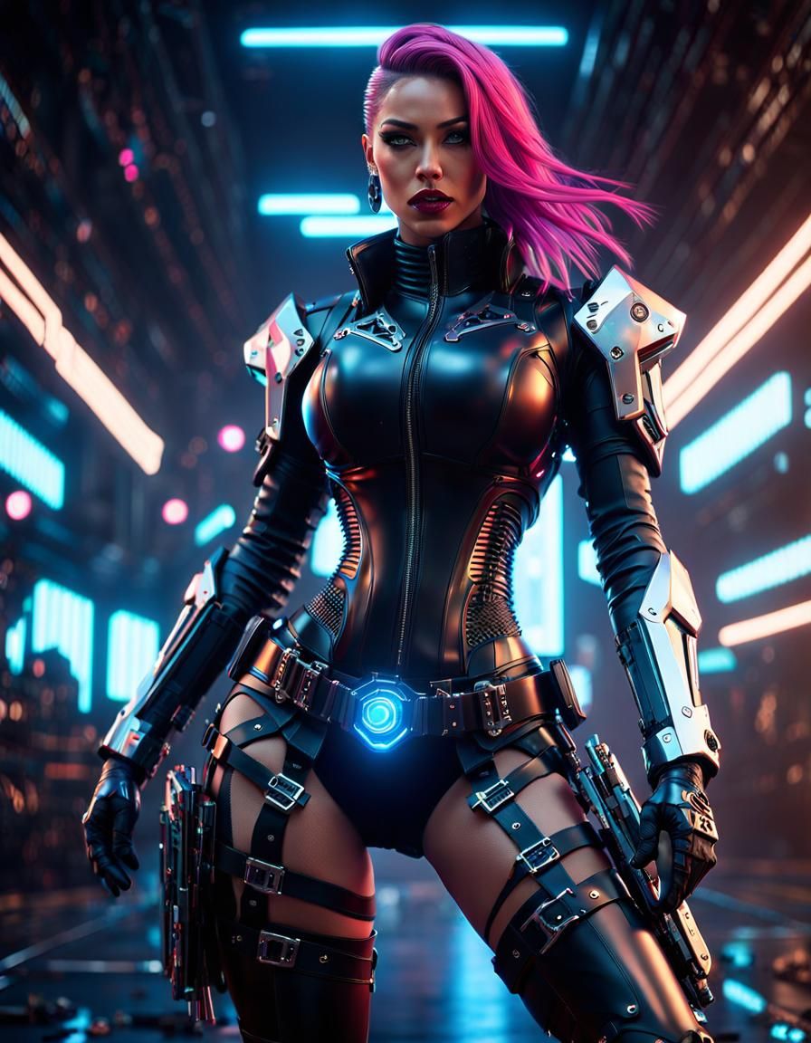 Cyberpunk Cowgirl with Latex Bikini in Sci-Fi Scene