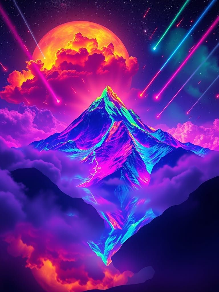 Psychedelic Mountain Under Meteor Showers in Neon Hues
