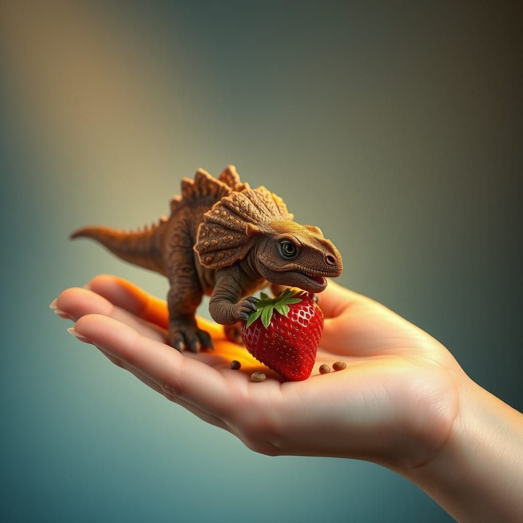Gentle Hand Holds a Feathered Triceratops and a Juicy Strawb...