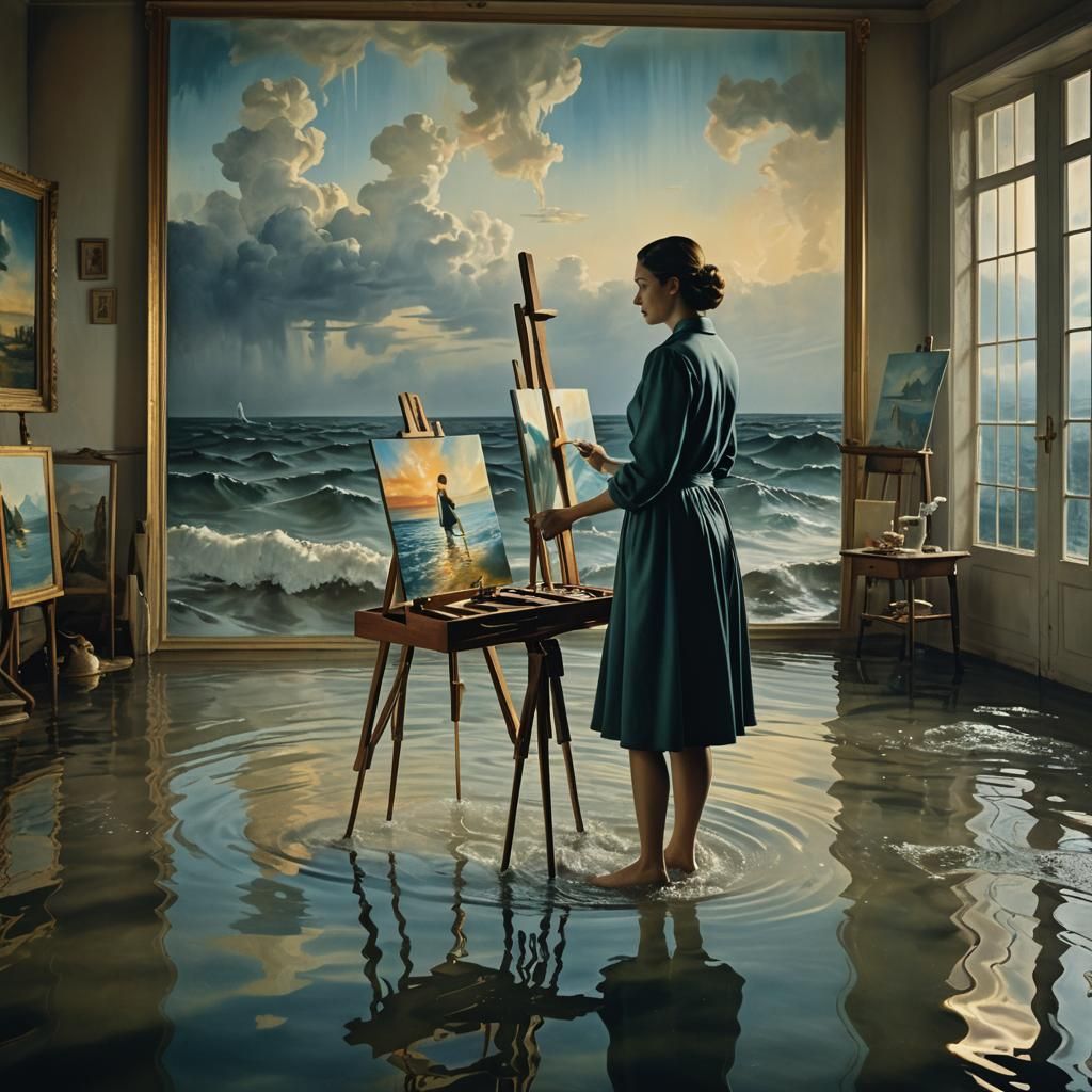 Surrealist Woman Painting in Flooded Room