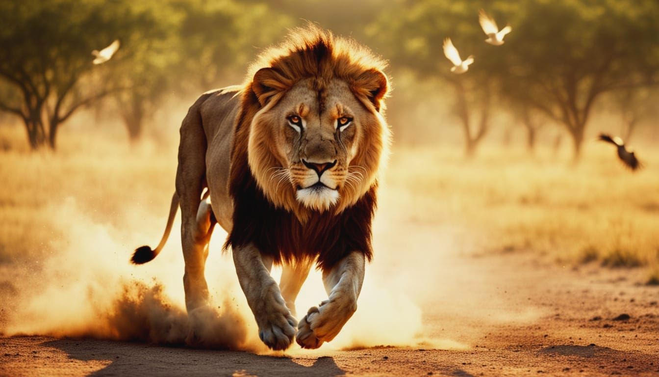 Lion Charging Through Savannah at Dusk