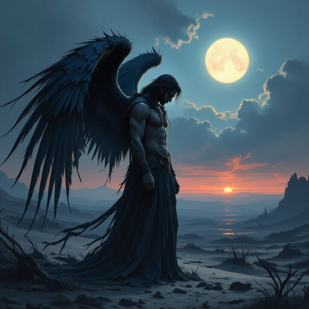 Fallen Angel Shemyazah in Twilight Landscape, Gothic Art Sty...