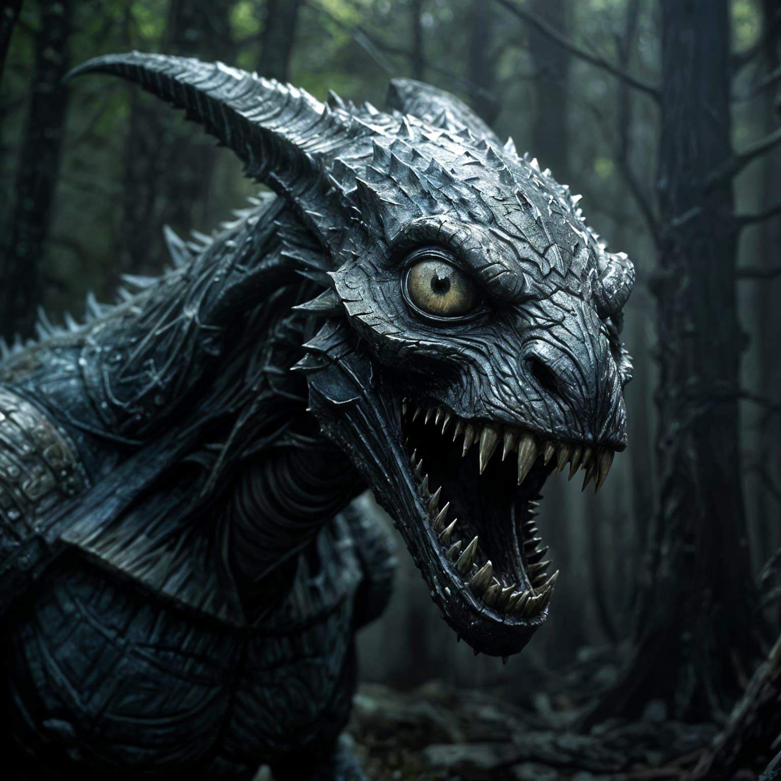 Hyperrealistic Armored Monster with Three Eyes