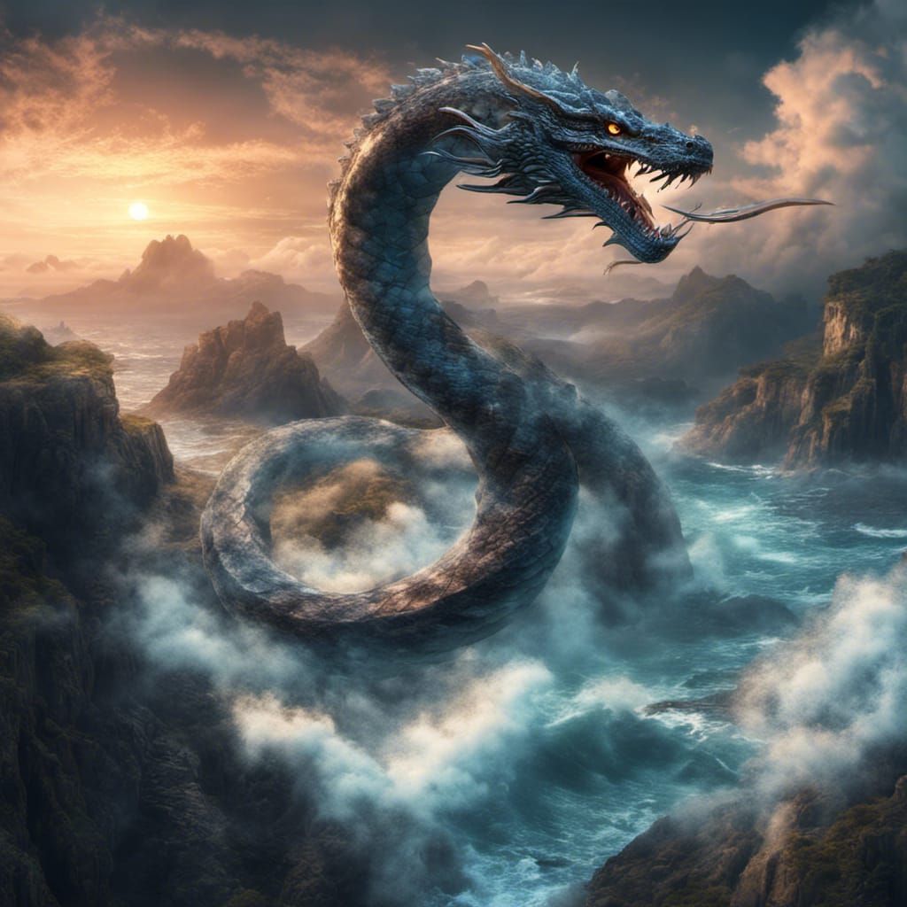 Ethereal Japanese Dragon Soaring Over Ocean Cliff