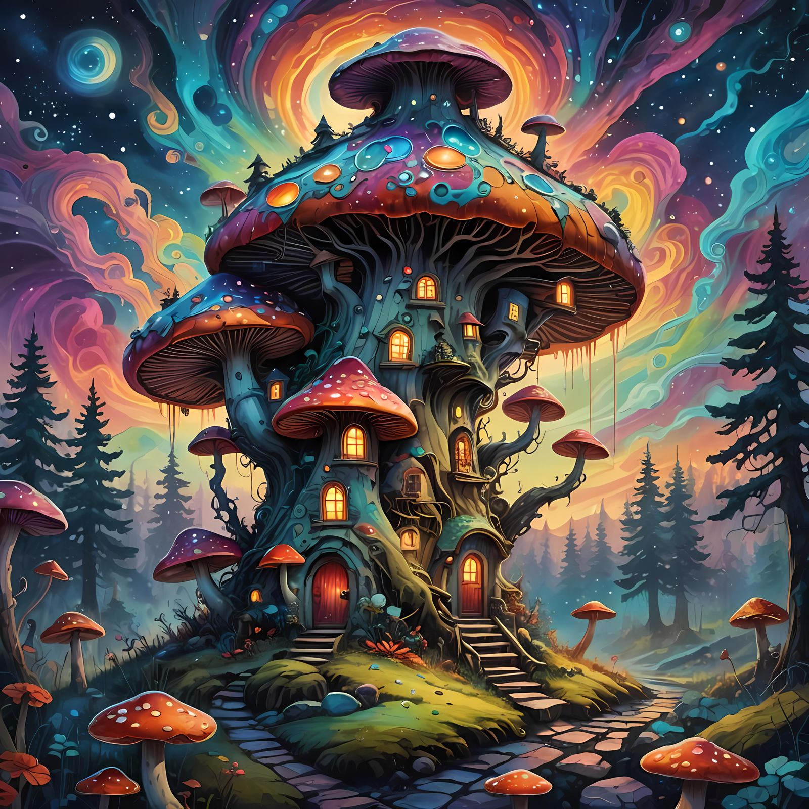 Cosmic Mushroom House in Winter Night