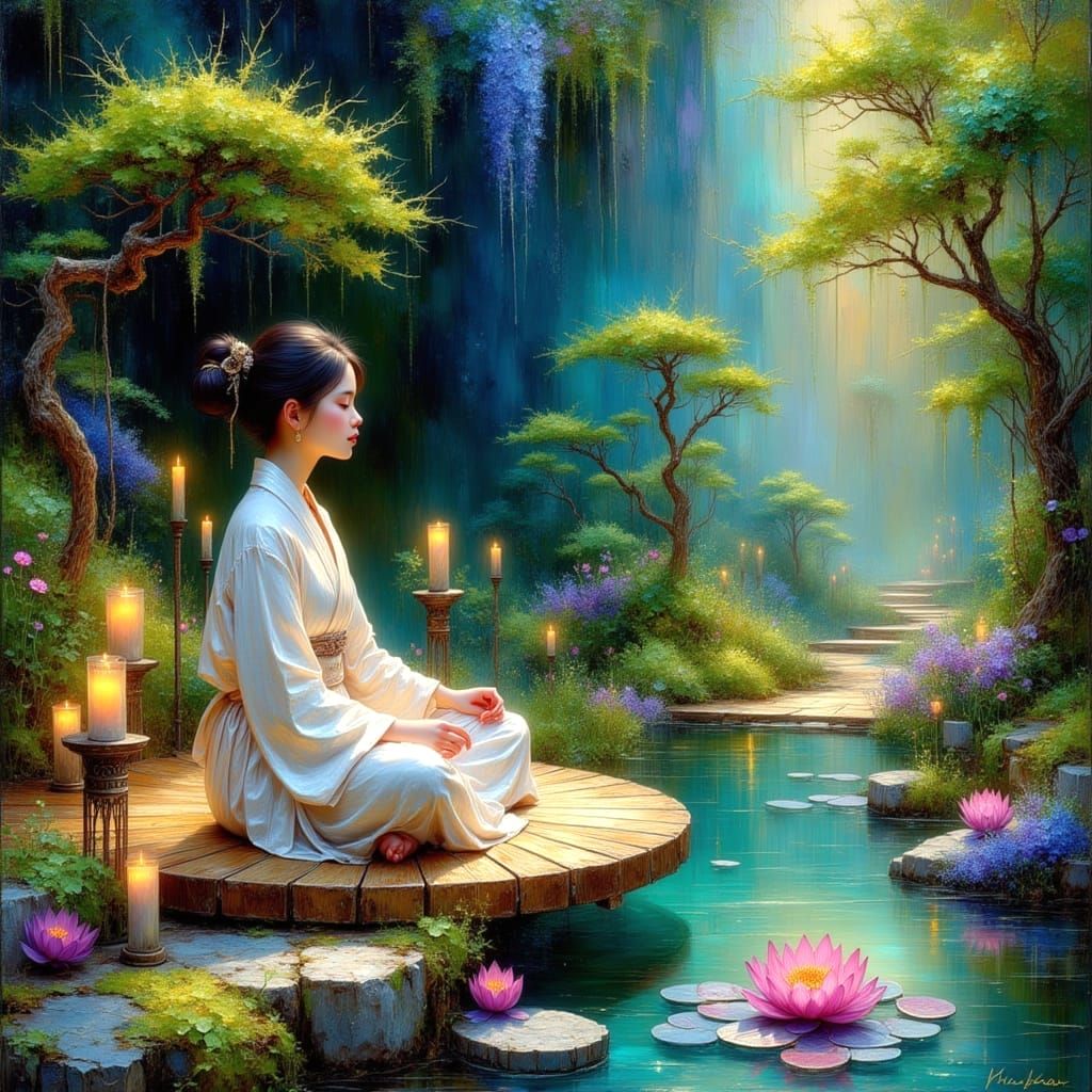 Japanese Model Meditating in Lotus Position as Oil Painting