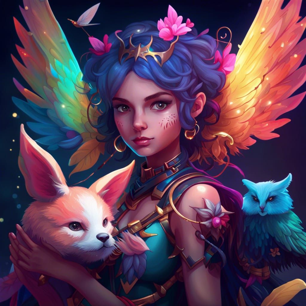 Colorful Magical Girl with Winged Animal Companion
