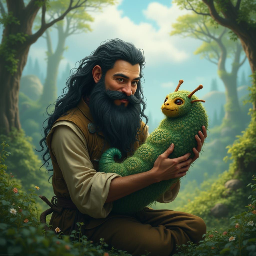 Whimsical Teacher with Majestic Caterpillar in Dreamlike Lan...