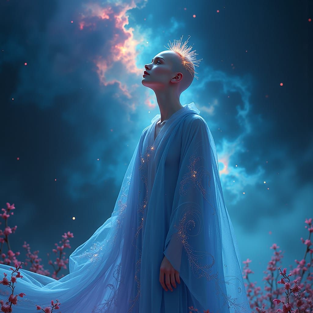 Celestial Goddess in Night Sky Garden, Surreal Art