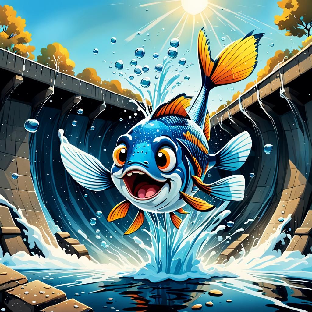 Cartoon Fish Meets Dam in Comical Splash