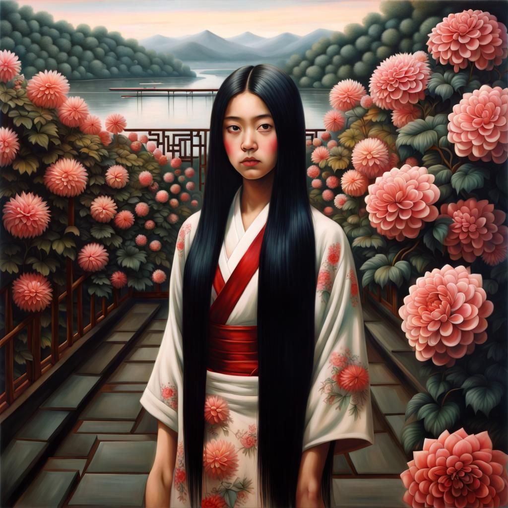 Japanese Girl in Dahlia Maze: Hyperrealistic Matte Painting