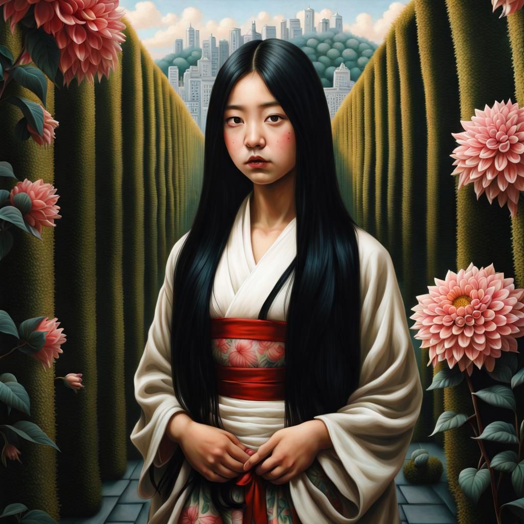 Japanese Girl in Maze of Roses: Hyperrealistic Matte Paintin...