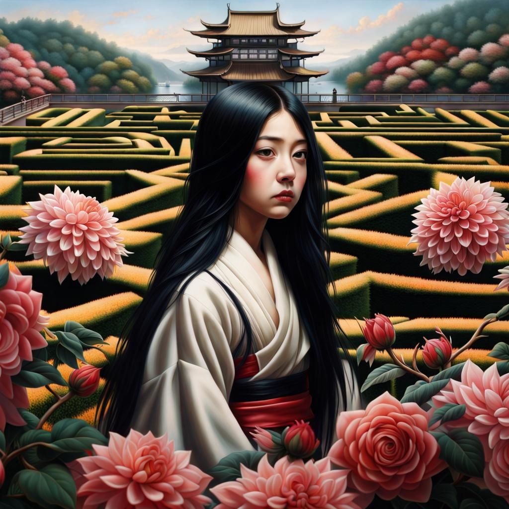 Japanese Girl in Dahlia Maze: Hyperrealistic Matte Painting