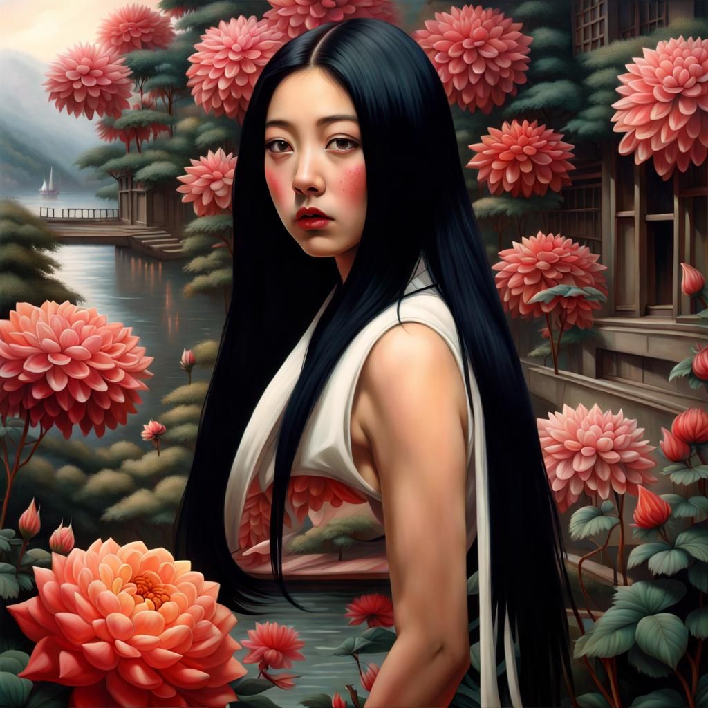 Japanese Girl in Dahlia Maze: Hyperrealistic Matte Painting
