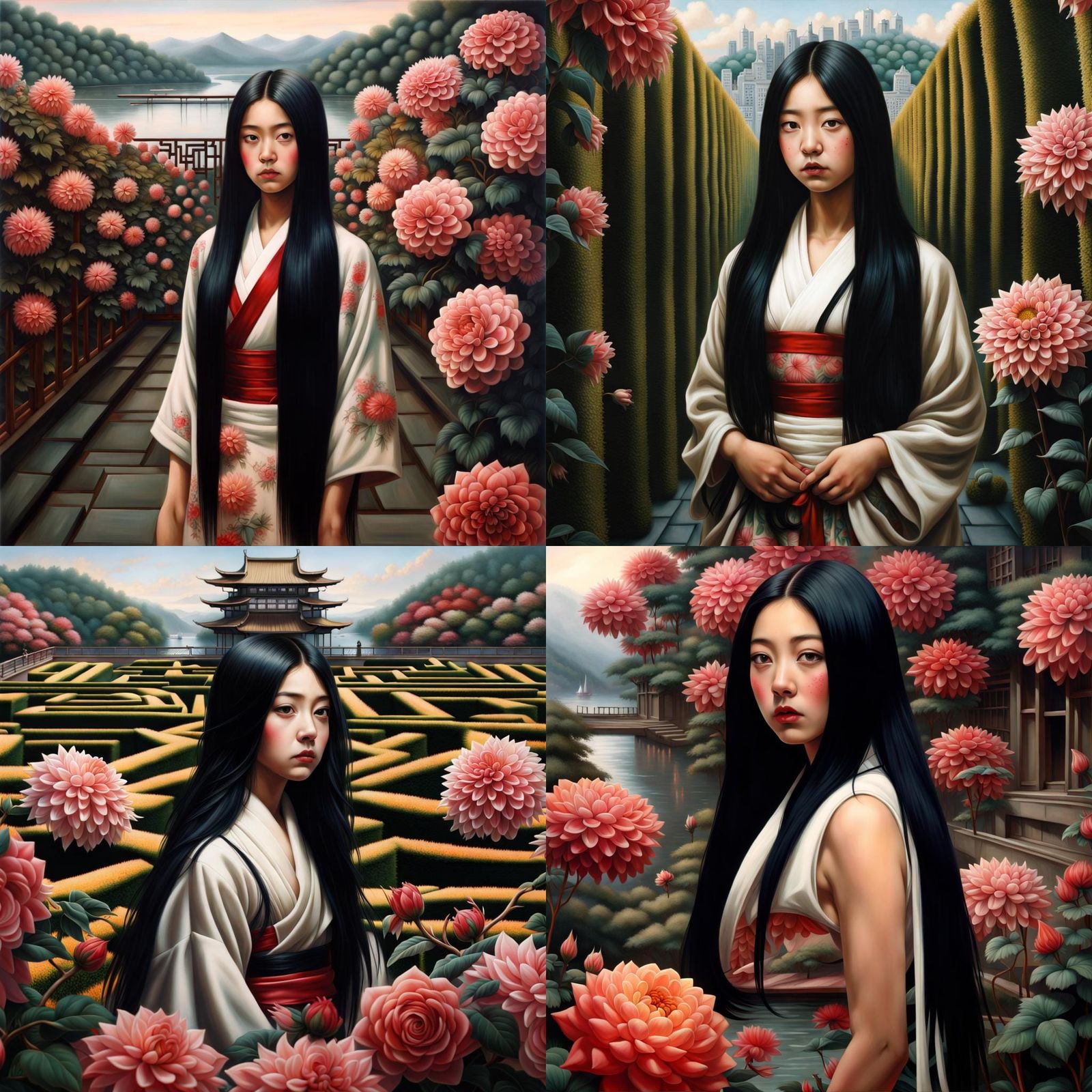 Japanese Girl in Dahlia Maze: Hyperrealistic Matte Painting