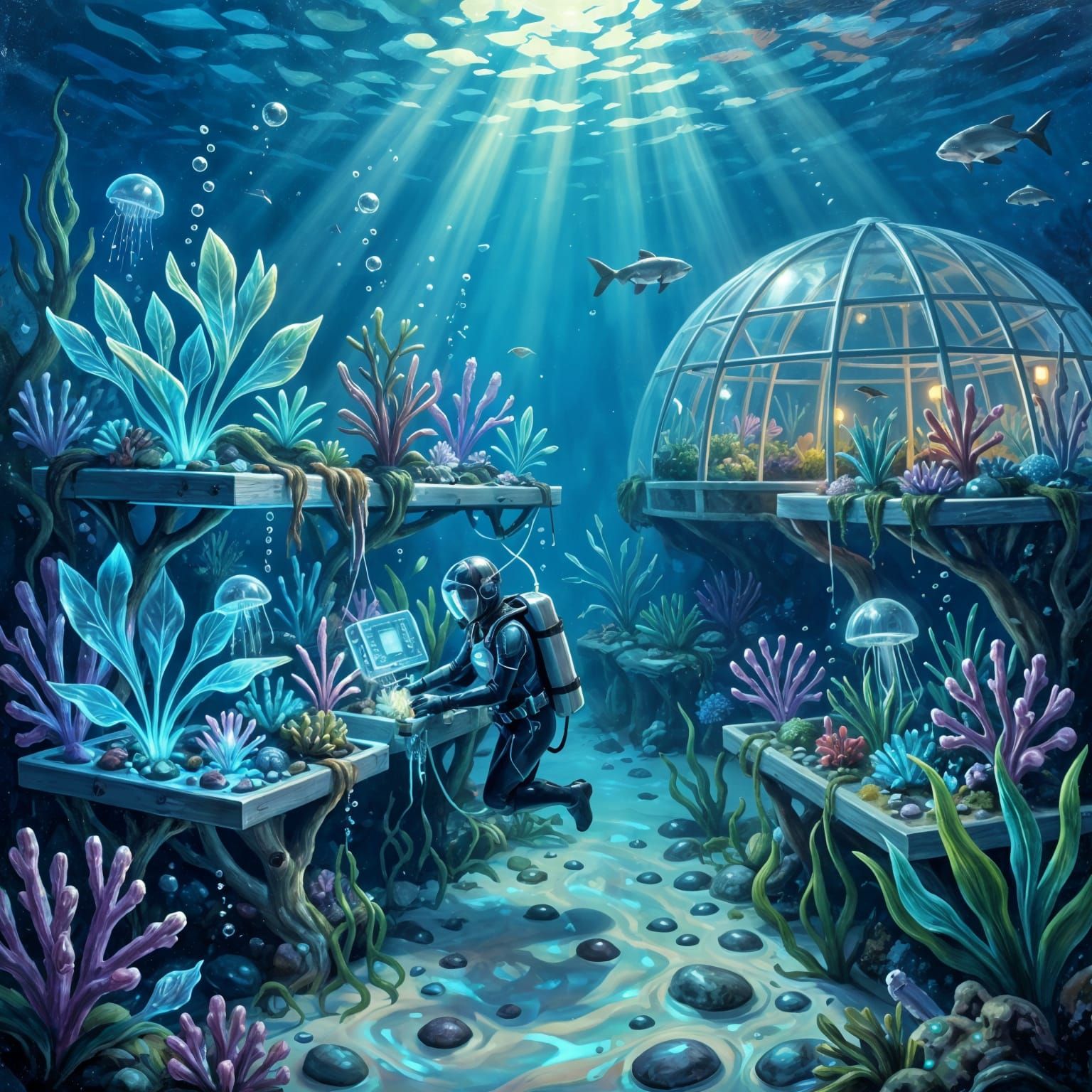 Underwater Alien Greenhouse with Bioluminescent Flora