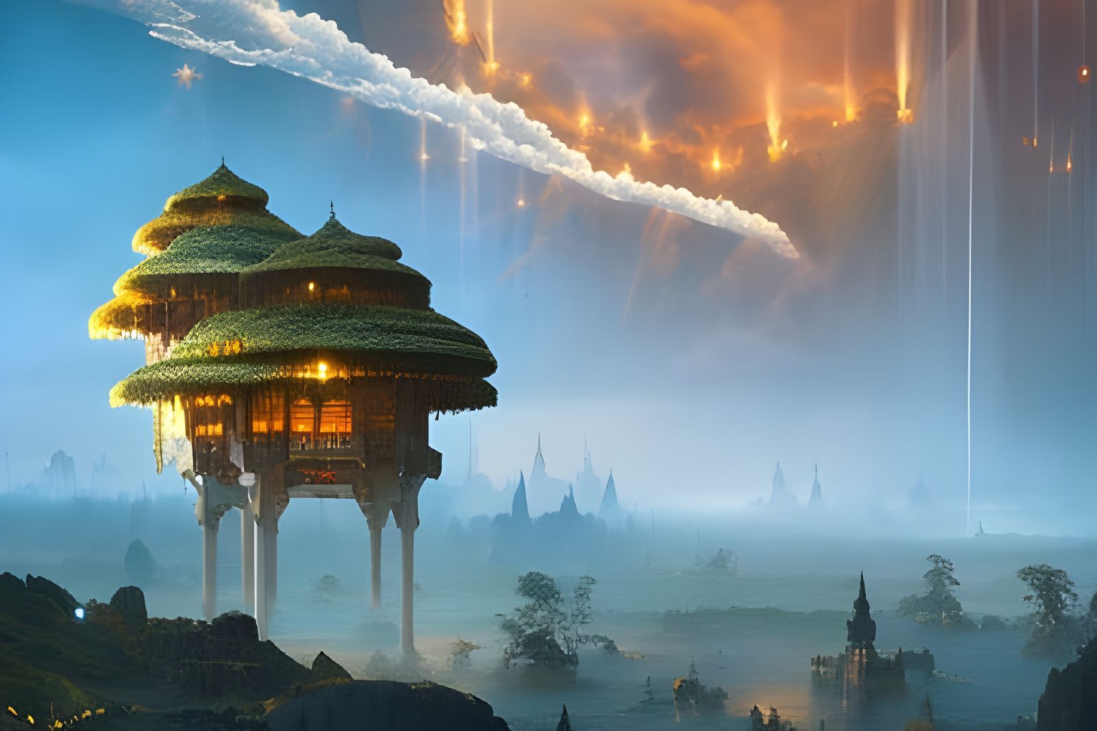 Anti-Gravity Hobbit Village with Rainbow Fireworks