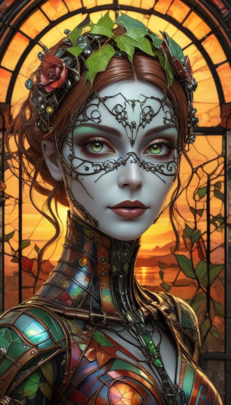 Steampunk Cyborg Goddess in Stained Glass Sunset