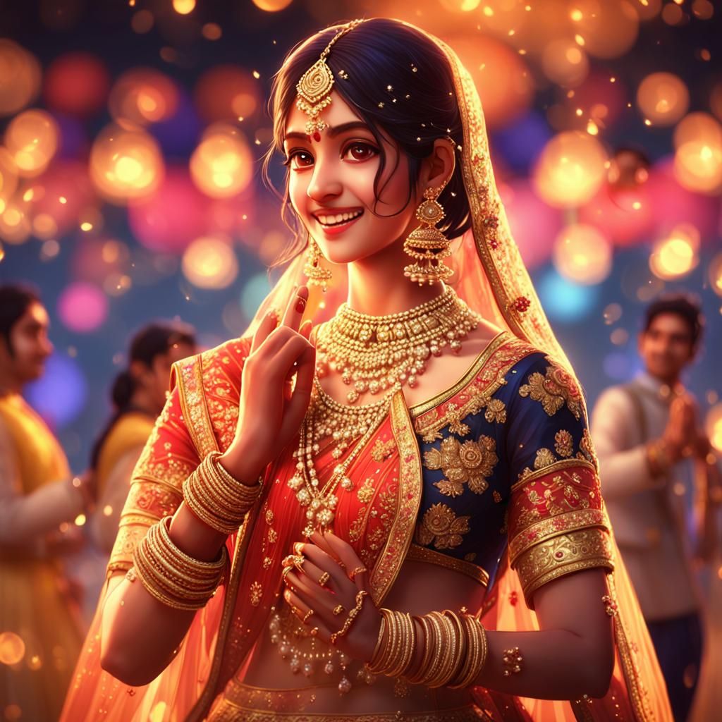 Indian Girl Dancing at Wedding in 3D Anime Art