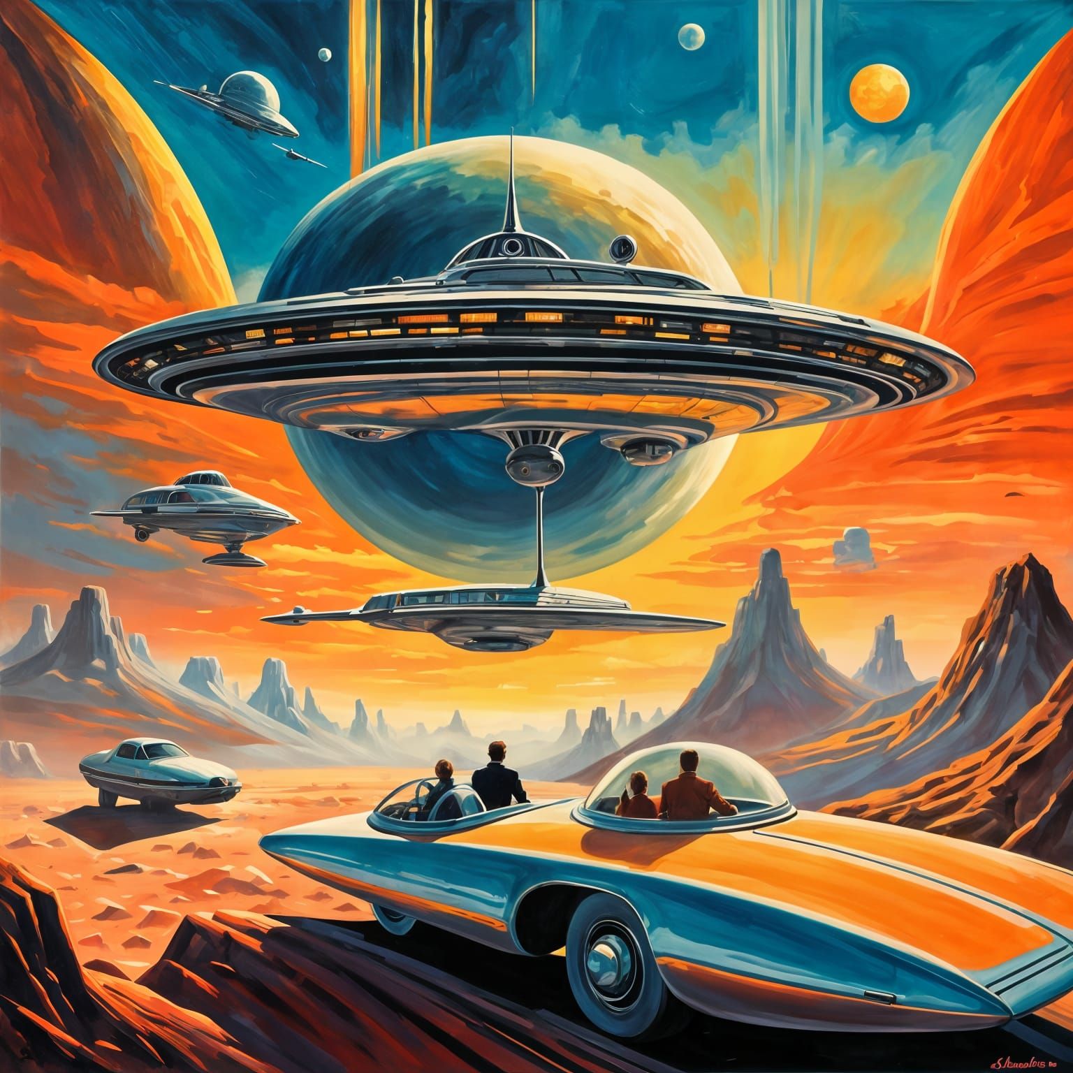 Retro Sci-Fi Spacecraft Sunset Scene