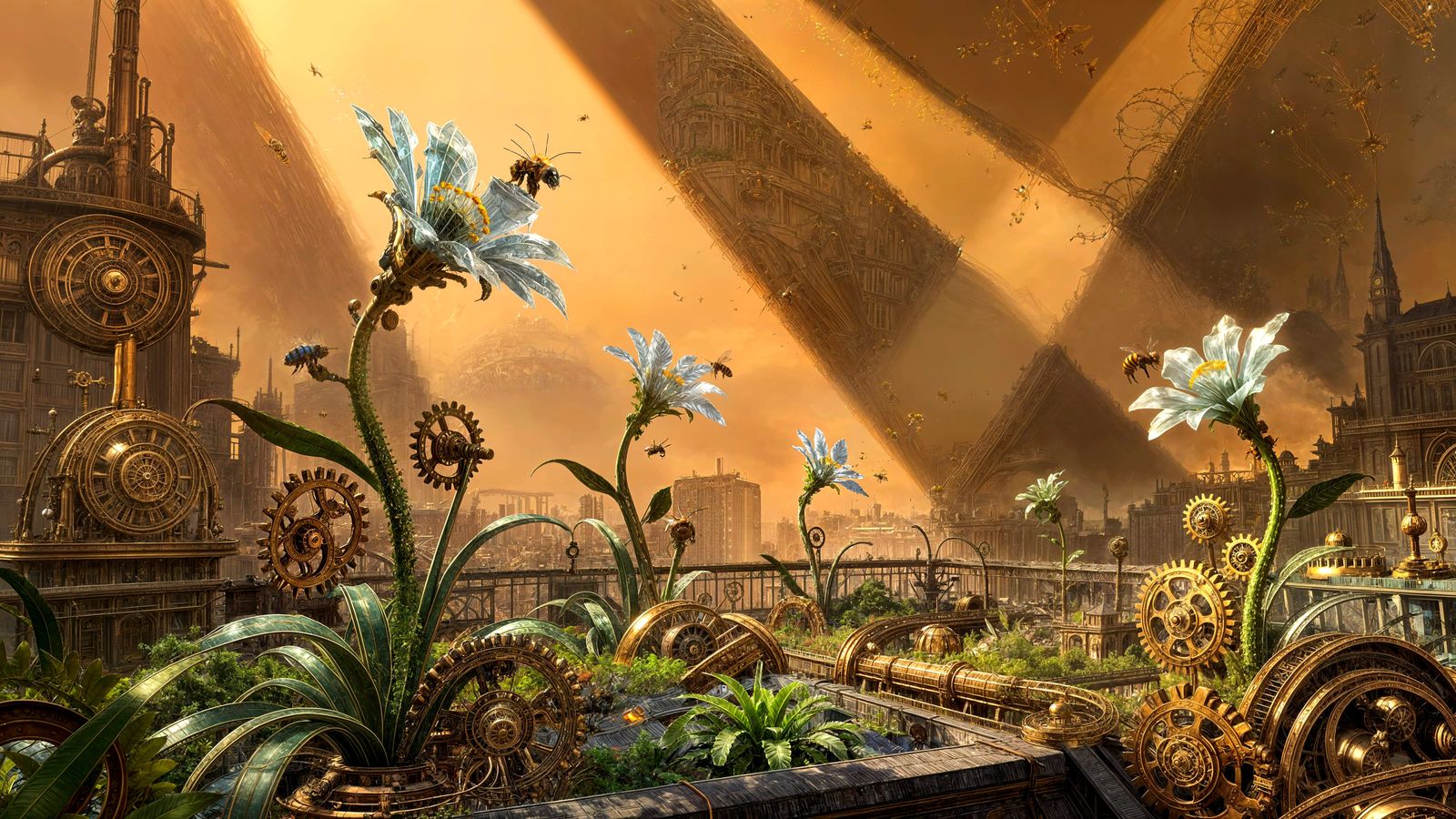 Steampunk City Rooftop Garden with Clockwork Flora