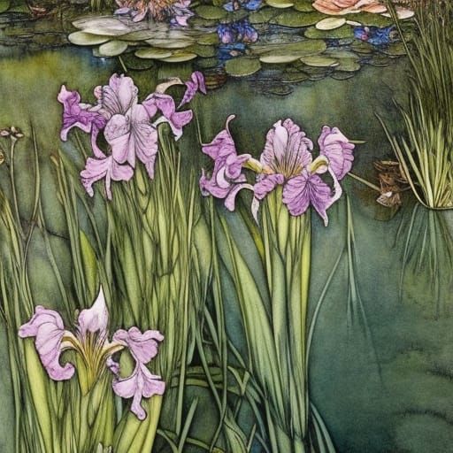 Irises and Waterlilies in a Detailed Watercolor Pond